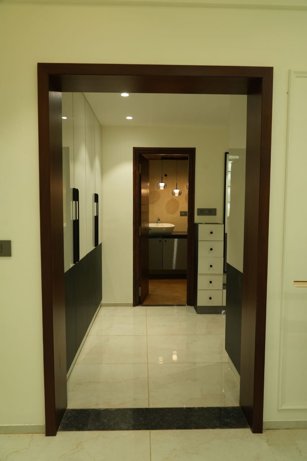 Elegant bathroom vanity with vessel sink and pendant lighting